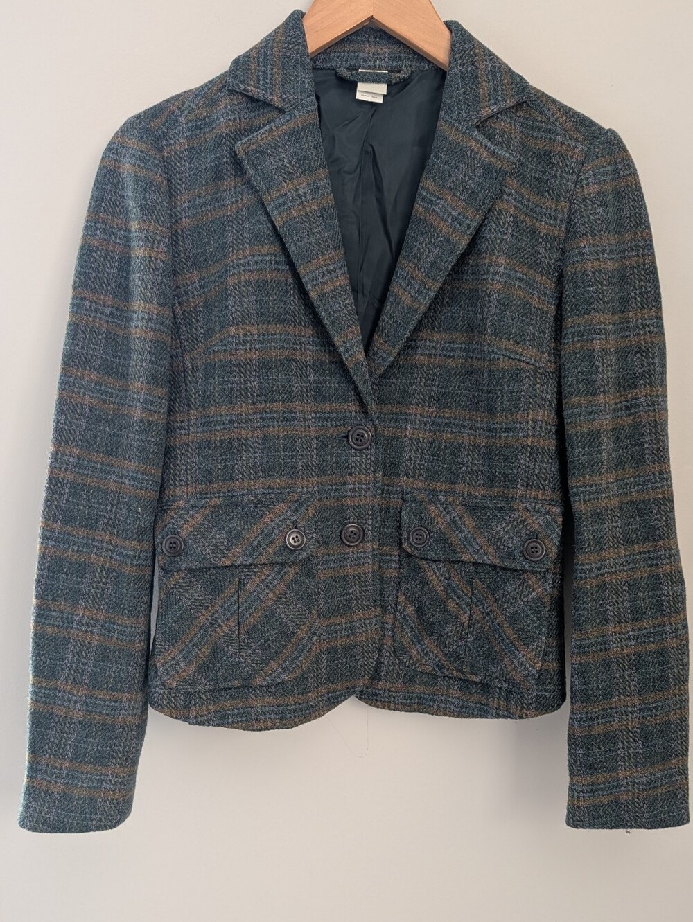 Garnet Hill 100% Wool Plaid Blazer Size 2 Cropped Blue Green Tweed EUC